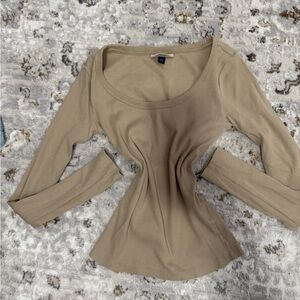 Universal Thread Ribbed Scoop-Neck Long Sleeve Top - Taupe